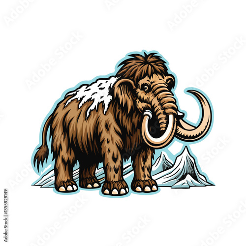 A majestic woolly mammoth, powerfully built, with enormous curving tusks, stands majestically in a prehistoric landscape.