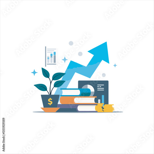 Financial Growth and Investment Education Concept,Business Success and Wealth Management Illustration,Money Investment with Books and Rising Graph,Financial Planning and Market Analysis Vector