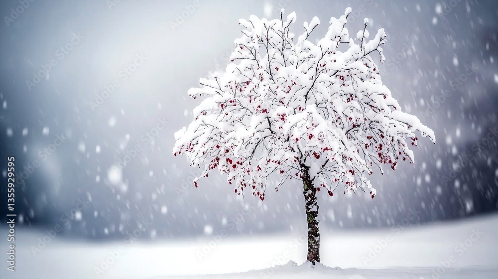 Snowy landscape with a small tree laden with red berries Snowy landscape with a small tree laden with red berries