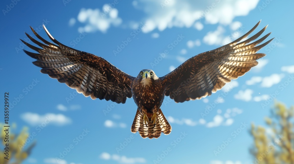 Fototapeta premium Majestic Eagle in Flight Against a Blue Sky with Clouds