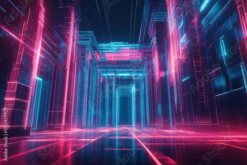 Wallpaper Mural Futuristic government building with glowing neon lines and pixelated abstract patterns in a cyberpunk-inspired setting Torontodigital.ca