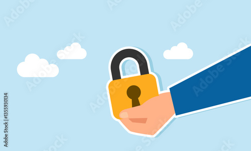 A hand holds and offers a padlock, illustration of business company legality