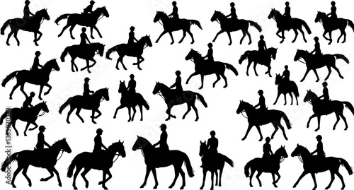set of equestrian silhouette black and white in many profile side front view. vector set