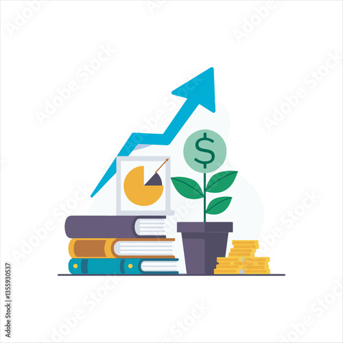 Financial Growth and Investment Education Concept,Business Success and Wealth Management Illustration,Money Investment with Books and Rising Graph,Financial Planning and Market Analysis Vector