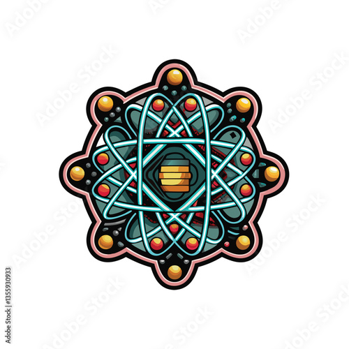 Create an abstract visual representation of the philosophical concept of "qua," emphasizing duality and interconnectedness, using vibrant, contrasting colors and geometric shapes.
