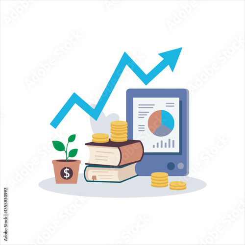 Financial Growth and Investment Education Concept,Business Success and Wealth Management Illustration,Money Investment with Books and Rising Graph,Financial Planning and Market Analysis Vector