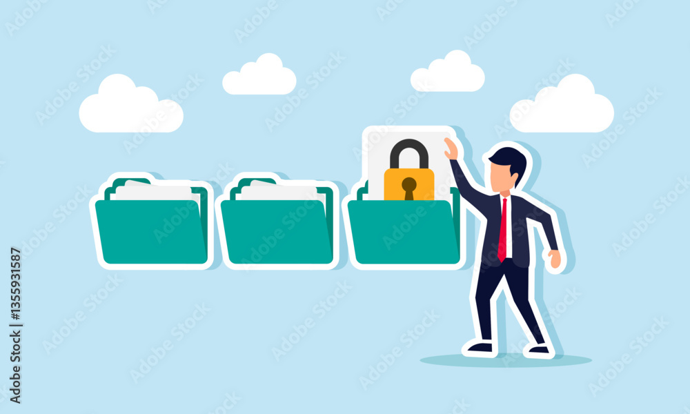 Obraz premium A businessman takes a lock-marked document from a folder, illustration of confidential business documents