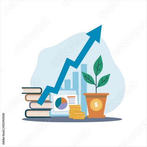 Financial Growth and Investment Education Concept,Business Success and Wealth Management Illustration,Money Investment with Books and Rising Graph,Financial Planning and Market Analysis Vector