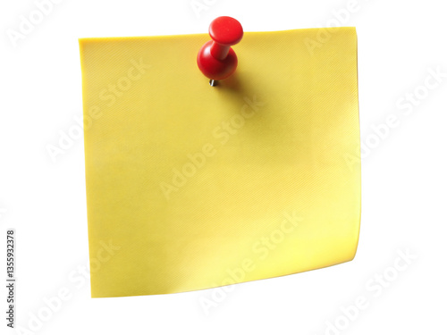 Blank Yellow Sticky Note with Red Pin isolated on Transparent Background. Pinned Yellow Post-it Note. Sticky Note with Red Pin.