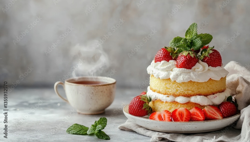 Cake with Strawberries & Tea Layered dessert with whipped cream, tea cup, on grey surface. Mint garnishing on top and bottom layer Cake with Strawberries & Tea Layered dessert with whipped cream, tea cup, on grey surface. Mint garnishing on top and bottom layer