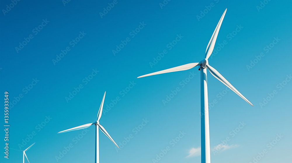 Harnessing Wind Energy: Modern wind turbines stand tall against a bright blue sky, their massive blades poised to capture the wind's power. Harnessing Wind Energy: Modern wind turbines stand tall against a bright blue sky, their massive blades poised to capture the wind's power.
