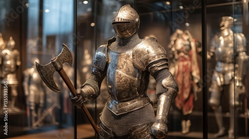 A full suit of armor with a battle-axe, displayed in a glass case,