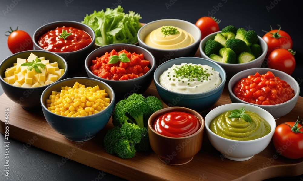 Vibrant assortment of fresh vegetables and dips on wooden board Vibrant assortment of fresh vegetables and dips on wooden board