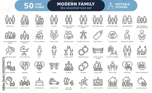 Modern family icon set. Thin line editable stroke icons such as couples, parenting, pregnancy, child, therapy, adoption, funeral, finances