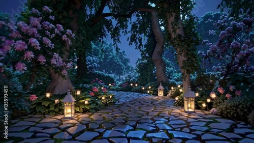A moonlit garden path with lanterns, viewed from a low angle. The scene evokes a mystical, enchanting video game environment. Live desktop wallpaper.