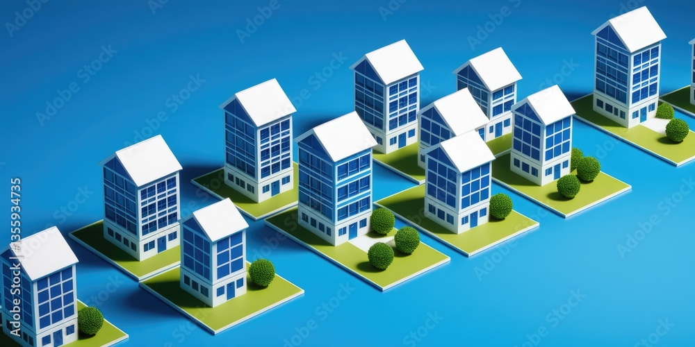 Modern minimalist architecture: rows of geometric miniature buildings on blue background Modern minimalist architecture: rows of geometric miniature buildings on blue background
