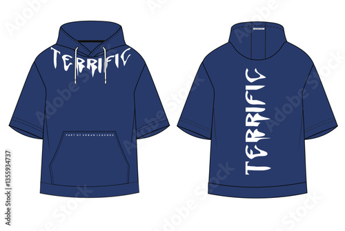 A navy blue short-sleeve hoodie featuring the word "TERRIFIC" in a bold, edgy font across the chest and vertically along the back.