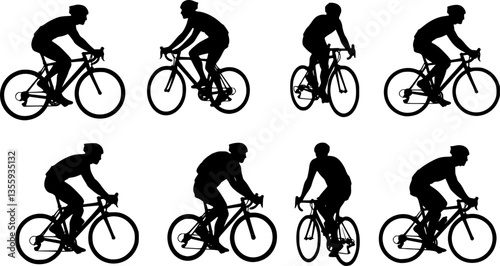 set of silhouettes of people riding bicycle. cyclist side view. isolated on a background. vector set