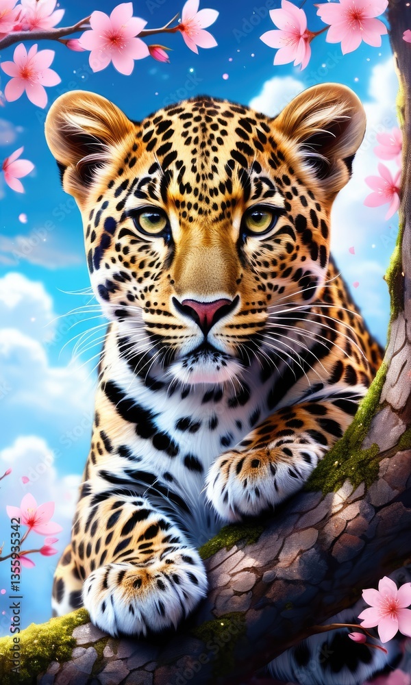 Obraz premium Majestic leopard among blossoms on a bright spring day