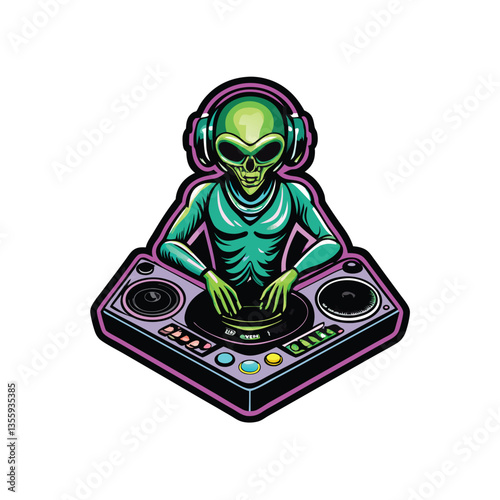 A vibrant alien DJ spins cosmic beats in a futuristic, swirling nebula dance club, surrounded by ecstatic alien patrons.