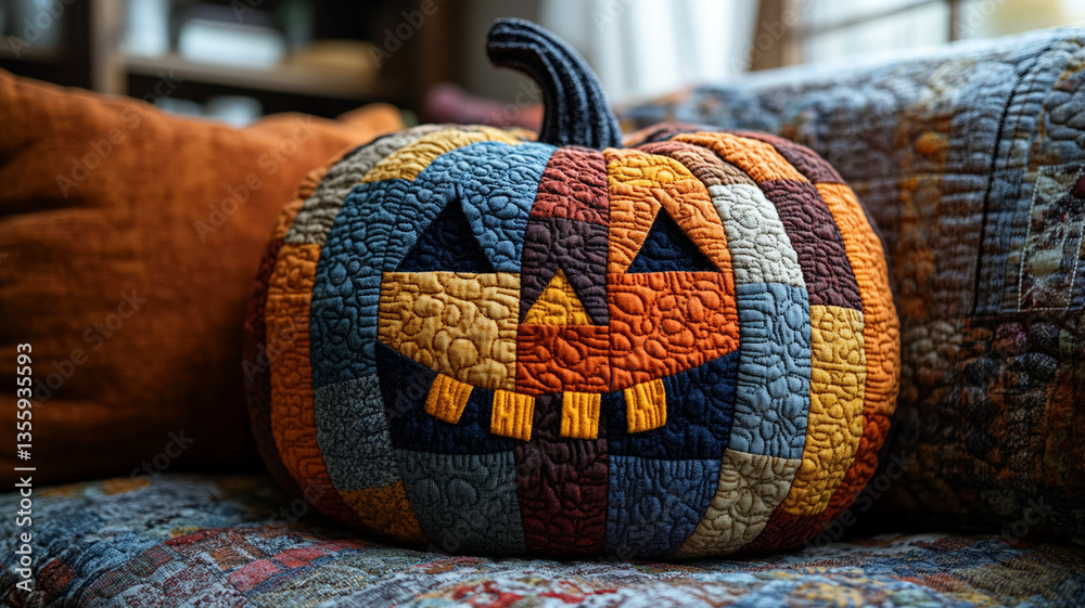 custom made wallpaper toronto digitalOrange halloween poster. Patchwork orange pumpkin. HANDMADE concept for Halloween.