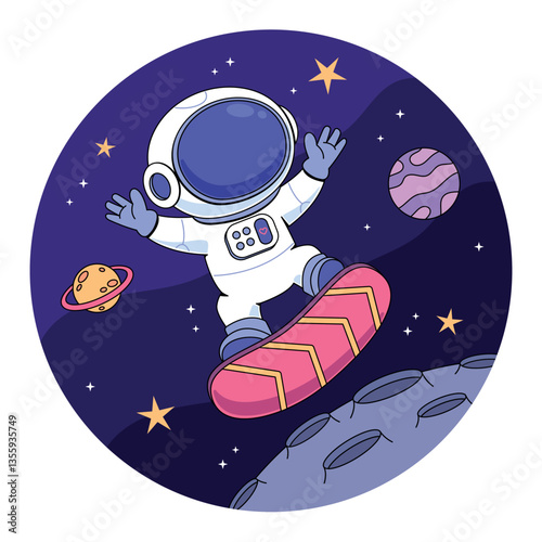Cartoon astronaut playing surfing in space