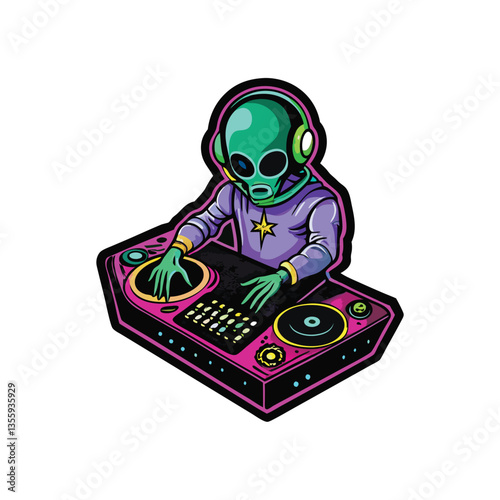 A vibrant alien DJ spins cosmic beats in a futuristic, swirling nebula dance club, surrounded by ecstatic alien revelers.