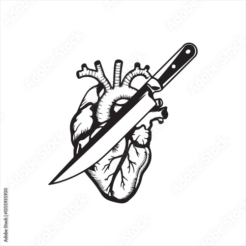 Anatomical Heart with Knife Vector Illustration,Black and White Heart Stabbed by Knife Design,Tattoo Style Heart and Knife Icon,Realistic Human Heart with Knife Drawing,Emotional Heart