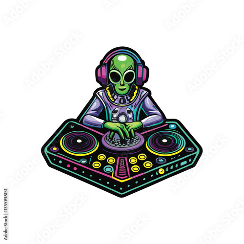 An alien DJ, vibrant green skin, mixing futuristic beats in a cosmic dance club with swirling nebulae backdrops.  Attendees are diverse alien species.