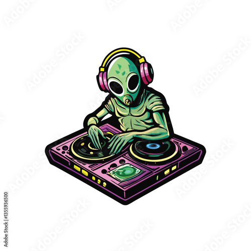 A vibrant alien DJ spins cosmic beats in a futuristic, nebula-lit dance club, surrounded by ecstatic alien dancers.  Detailed, hyperrealistic style.