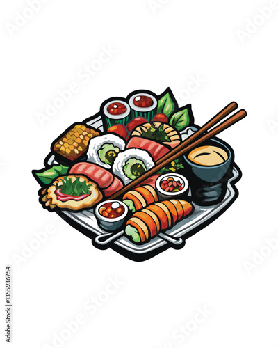 Create a visually stunning, artistic composition featuring an assortment of colorful sushi and sashimi pieces, emphasizing texture and vibrant hues.