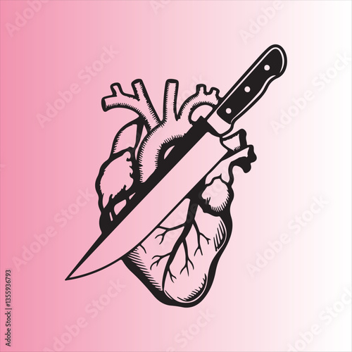 Anatomical Heart with Knife Vector Illustration,Black and White Heart Stabbed by Knife Design,Tattoo Style Heart and Knife Icon,Realistic Human Heart with Knife Drawing,Emotional Heart