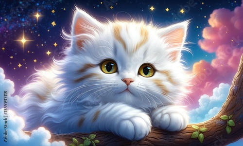 Fluffy kitten in magical night sky setting with stars and clouds