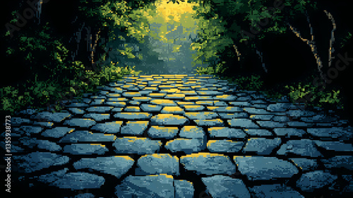 Pixelated Forest Path At Sunrise