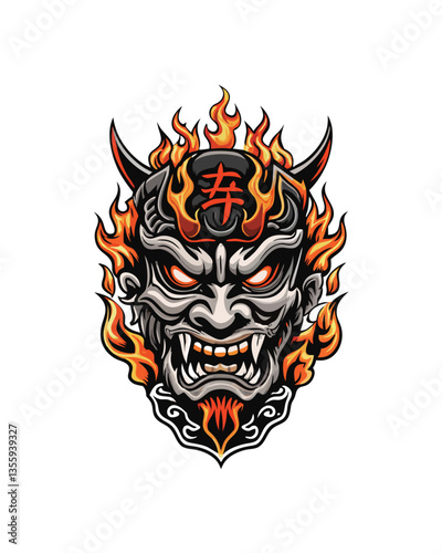 Create a highly detailed digital painting of a Japanese Noh Oni mask, emphasizing intricate features, vibrant colors, and dramatic expression.  Focus on texture and depth.
