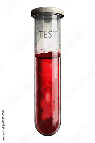 A test tube filled with blood, labeled for laboratory analysis, isolated on white background.
