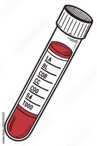 A test tube filled with blood, labeled for laboratory analysis, isolated on white background.
