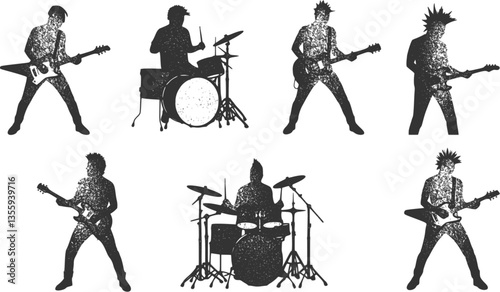 monochrome vector rockstar musician guitar and drum in mezzotint photocopy effect, for grunge punk y2k collage design. guitarist vocalist retro elements. brutalist vintage illustration music poster.