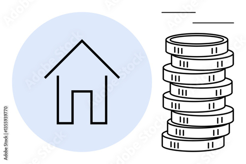 House outline beside stacked coins highlighting housing, real estate, and financial earning concepts. Ideal for investment, real estate, budget, savings, economy housing market wealth. Flat simple