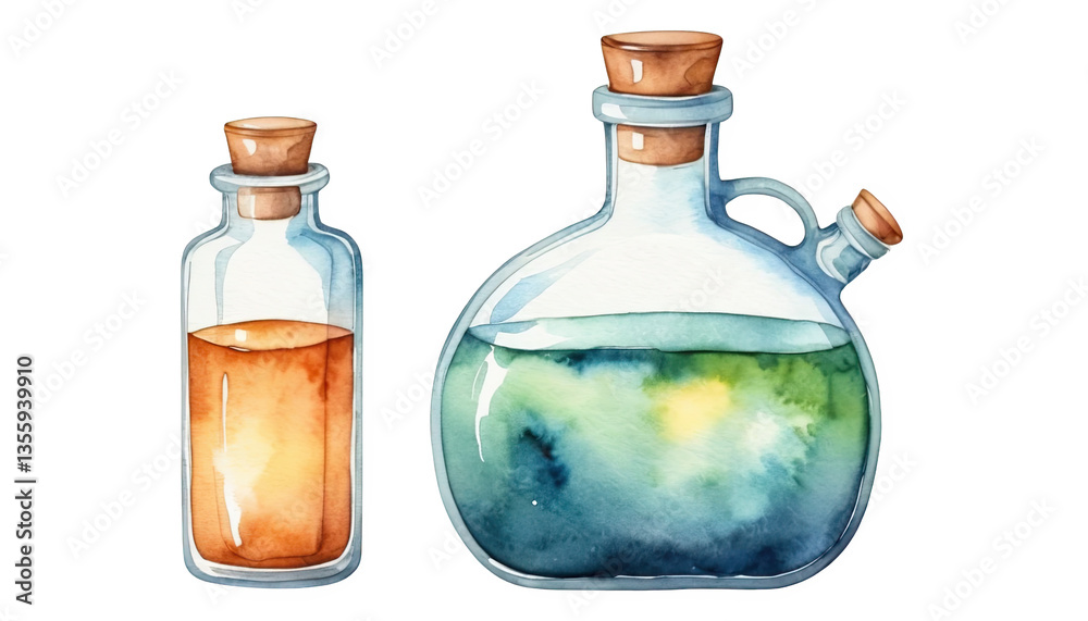 Two Watercolor Glass Bottles with Amber and Teal Liquids on Transparent Background Two Watercolor Glass Bottles with Amber and Teal Liquids on Transparent Background