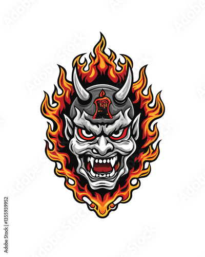 Create a highly detailed digital painting of an intricately designed Japanese Noh mask, specifically an Oni mask, showcasing its vibrant colors and ferocious expression.