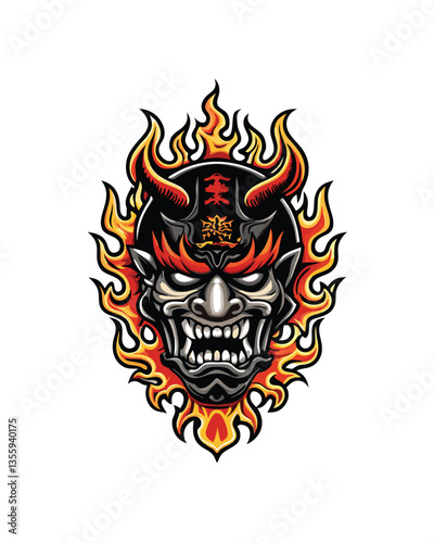 Create a highly detailed digital painting of a Japanese Noh Oni mask, showcasing intricate carvings and vibrant colors.  Focus on texture and dramatic lighting.