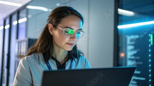Women In Tech Concept. Focused Woman Analyzing Server Data, Concentrated Expression, Modern Tech Environment, Deep in Work, Problem Solving, Cybersecurity Professional photo
