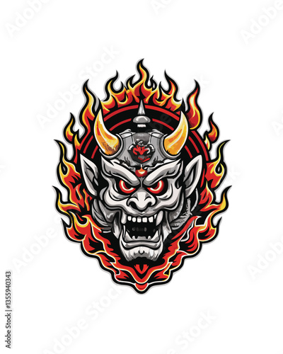 Highly detailed digital painting of a Japanese Noh theatre Oni mask, showcasing intricate wood grain and vibrant, expressive features.  Focus on texture and dramatic lighting.