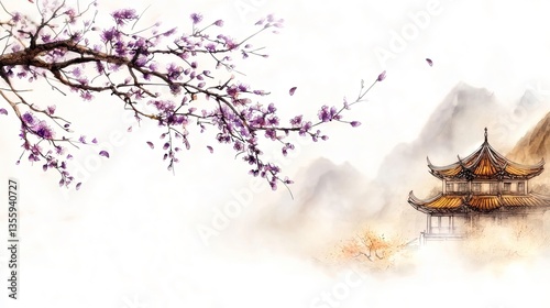 Serene watercolor painting of blossoming branch and misty mountains with a traditional building