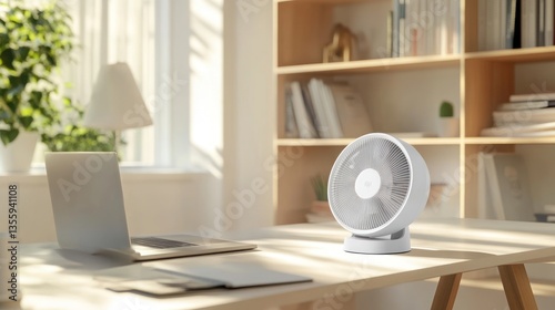Modern fan sits on a light-wood desk in a sunlit room