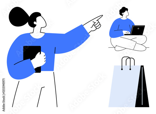 Confident woman gesturing forward holding tablet, individual sitting cross-legged with a laptop, minimal shopping bag nearby. Ideal for teamwork, learning, e-commerce, direction, leadership