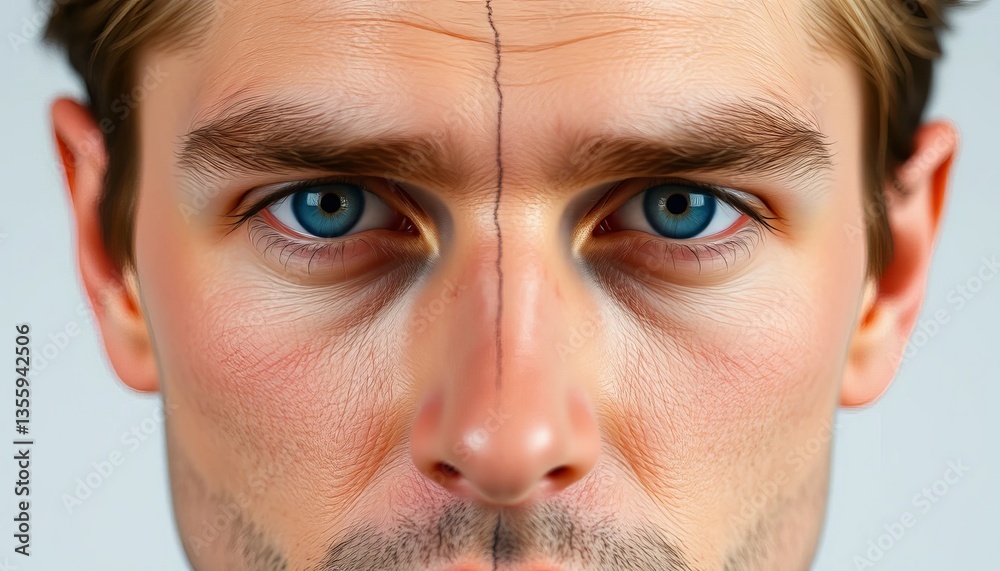 Fototapeta premium Close-up portrait of a young Caucasian man with striking blue eyes and a serious expression.