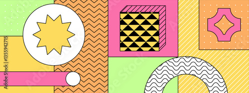colorful vibrant abstract shapes geometric patterns with retro memphis style vector illustration