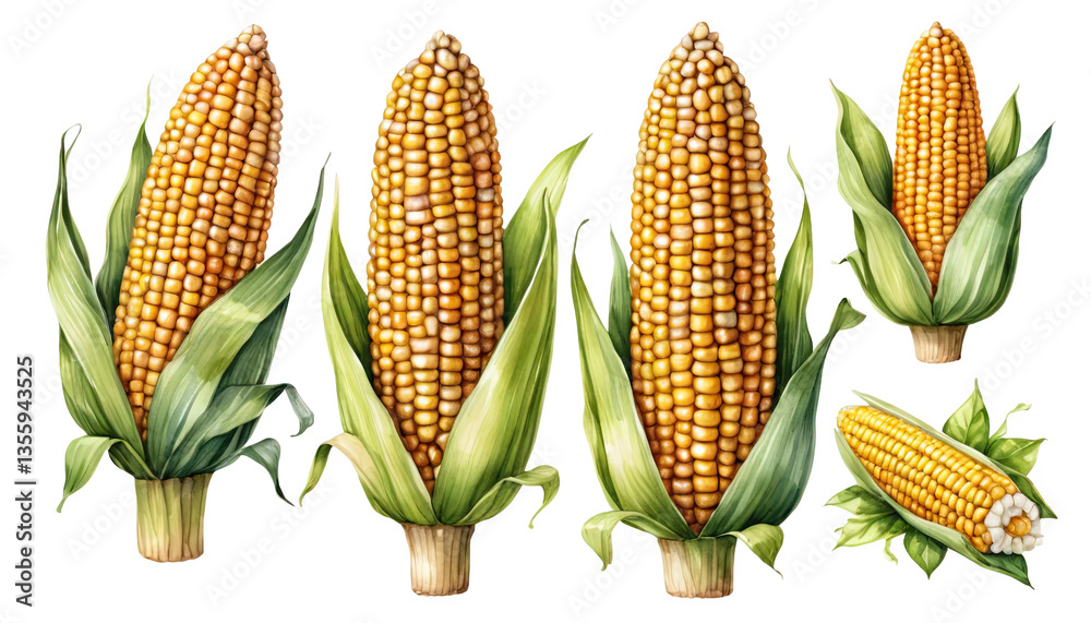 Obraz premium Watercolor Illustration of Golden Corn Ears with Green Leaves on Transparent Background